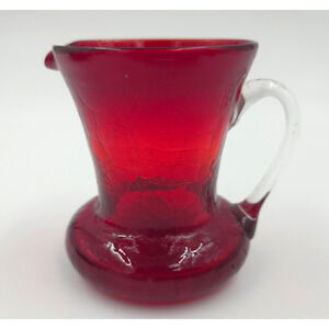 Vintage Rainbow Crackle Glass Ruby Red Hand Blown CREAMER PITCHER MADE IN USA